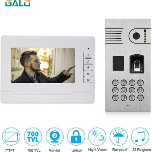 7'' Color Wired Video with Fingerprint Recognition and RFID reader Optional Intercom System Doorbell Camera IR Night Vision