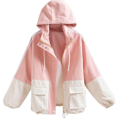 Spring and autumn new loose large size BF hooded tooling wind jacket womens baseball uniform windbreaker TB190217