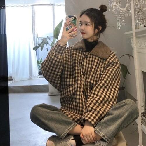 Women Outerwear Jackets Vintage Thicker Warm Plaid Clothing Students Loose Casual Coats Single Breasted Winter