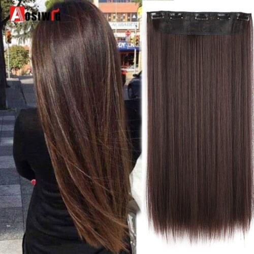 AOSIWIG Long Straight Natural Fake Hairpieces Black Brown Color High Temperture Synthetic 5 Clip in Hair Extensions for Women