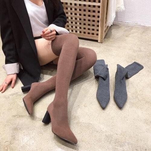 NIUFUNI 4 Colors Womens Over The Knee Sock Boots 2020 Autum Thick Heel Knitting Sock Boots Pointed Toe Elasitc Slim Botas Mujer