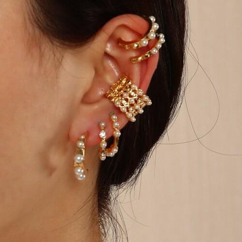 HI MAN 6Pcs/Set Hip-Hop Rock Mix C Ear Bone Clip Pearl Stud Earrings Women Exquisite Elegant Wedding Jewelry Accessories