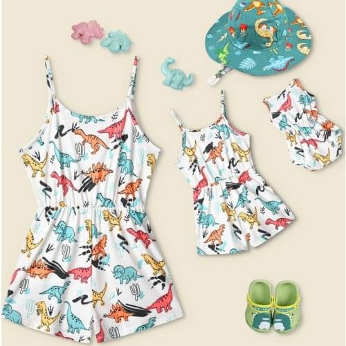 Dinosaur Women Girl Sleeveless Summer Family Matching Outfits Clothes Mommy And Me Jumpsuits Baby Rompers Mother Daughter Dress