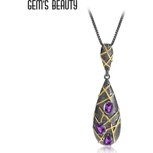 GEMS BEAUTY 925 Sterling Silver Pear Birthstone Necklace For Women Natural Oval Cut Amethyst Pendant Couple Romantic Gift