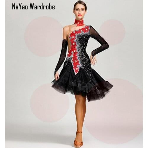 2021 New S7029 One Side Shoulder Patchwork Sequins Latin Dance Dress Women Performance Modern Dance Dress Latino Dancewear