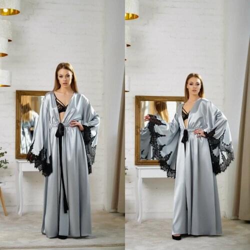 2020 Silver Bridal Bathrobe Nightgown LaceLong Sleeve Bathrobe Pajamas Sleepwear Train Long