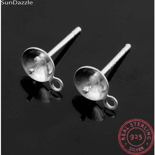 8pcs Real Pure Solid 925 Sterling Silver Earring Studs Needle Post Bow Head Pad Pins With Ring Settings DIY Jewelry Making