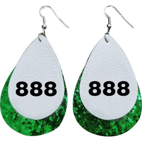 888 Angel Number Old English Font Earrings-Faux Leather Teardrop Earrings Double Print Bulk Order Wholesale Stock