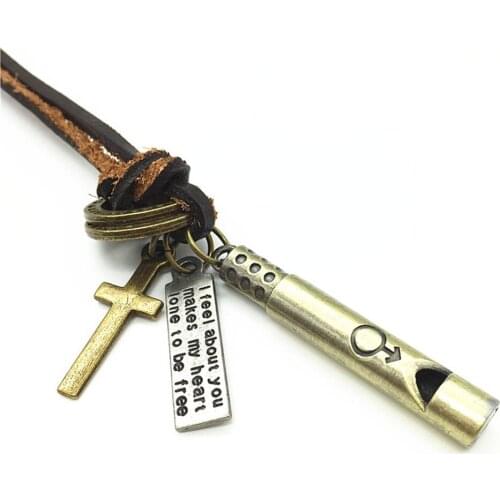 Long Casual Handmade Brown Genuine Leather Bronze Hoops Letters Whistle Cross Men Pendants Necklace Women Male Wholesale Jewelry