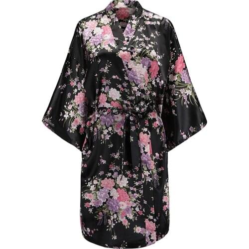 Womens Floral Bride Bridesmaids Robe Satin Wedding Kimono Bridal Dressing Gown Sleepwear Plus Size Kimono