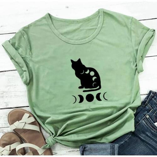 Moon Phase In Cat Print 100%Cotton Women T Shirt Unisex Funny Summer Casual Short Sleeve Top Nature Shirt Cat Lover Shirts