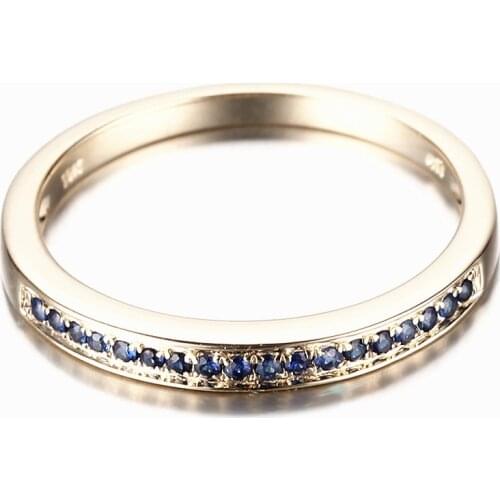 HELON Solid 10K Yellow Gold Pave 0.18CT 100% Genuine Natural Sapphires Wedding Anniversary Ring Women Gemstone Fine Jewelry