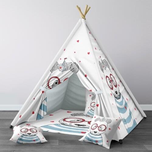 Play Tent for Kids Wigwam Portable Indoor Playground Tents Children Bedrooms White Lovely Bear Glasses Model 1383
