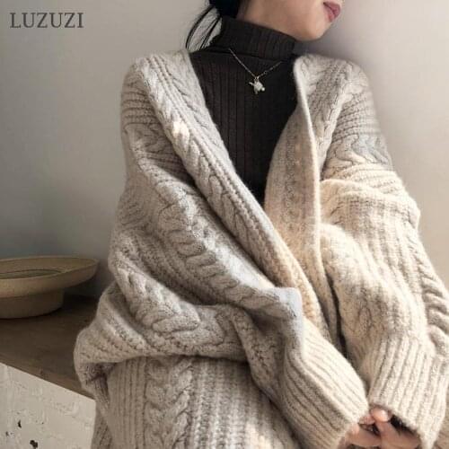 LUZUZI Women Korean Casual Long Knitted Cardigan Oversized Sweaters Autumn Winter Loose Bat Long Sleeve Knittedwear Female