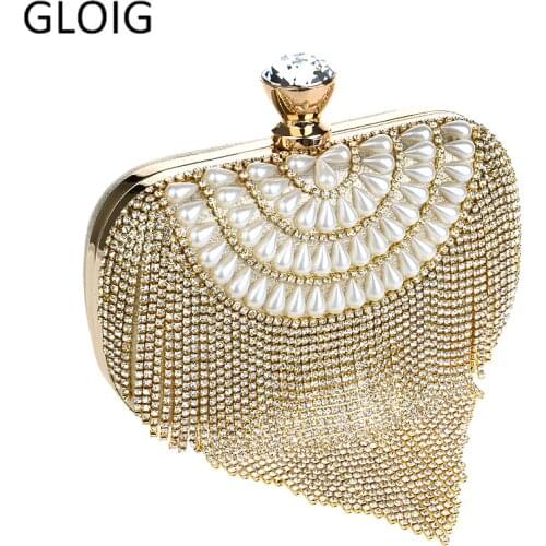 GLOIG Tassel Rhinestones Clutch Beading Lady Evening Bags Diamonds Small Purse Chain Shoulder Handbags Wedding Party Evening Bag