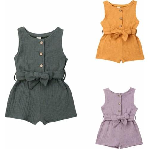 Toddler Newborn Baby Girls Boys Cotton Linen Romper Sleeveless Jumpsuits Solid Playsuits Sash Outfits