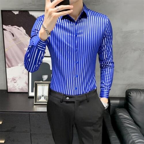 Fashion 2020 Autumn New Long Sleeve Men Striped Shirts Korean Slim Fit Casual Blouse Homme Formal Wear Gentlemen Tuxedo Dress