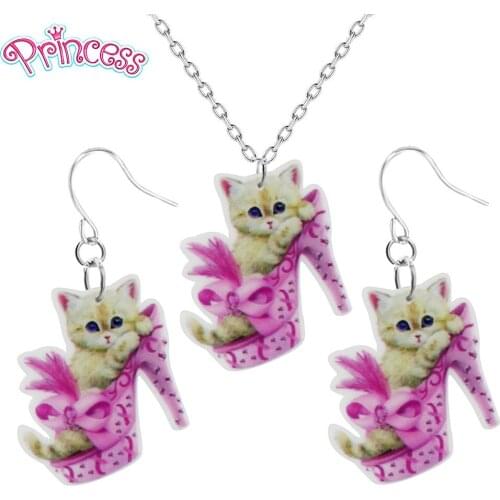 2019 Fashion Girls Kids Gift Jewelry Cute Pink High Heels Cat Earring Pendant Short Chain Necklace Xma Gift Wholesale KS33