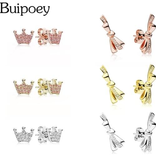 Buipoey Fashion Rose Gold Bow Stud Earring Female Fine Earrings Silver Color Plated Crown Earring Jewelry Birthday Gift