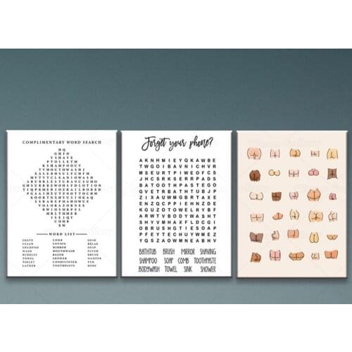 Bathroom Word Search Prints Black White Minimalism Guest Bathroom Sign Wall Art Decor Learning Poster Canvas Painting Picture