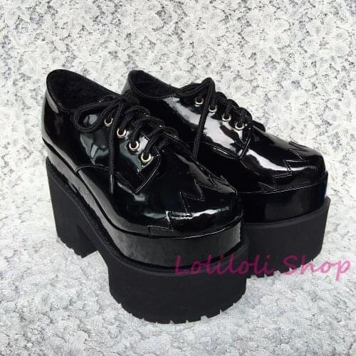 Lolita PUNK shoes design shaped custom shoes black thick bottomed tie with bright skin documentary 1234a custom