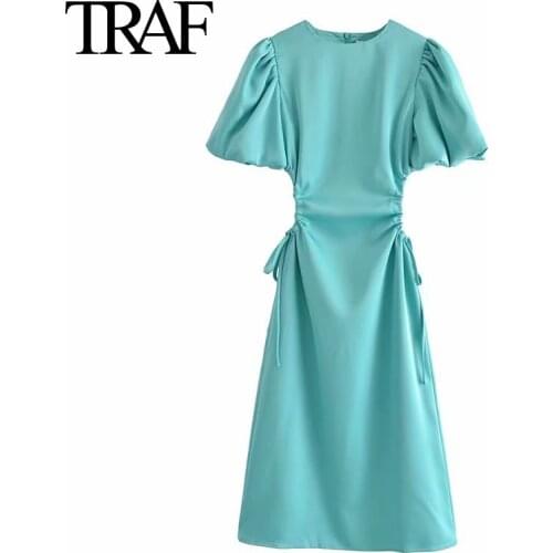 Traf Za Robe Women Clothes 2021 Summer Bandage Dresses Sexy Party Dress French Elegant Puff Sleeve Midi Dress Vestidos Mujer