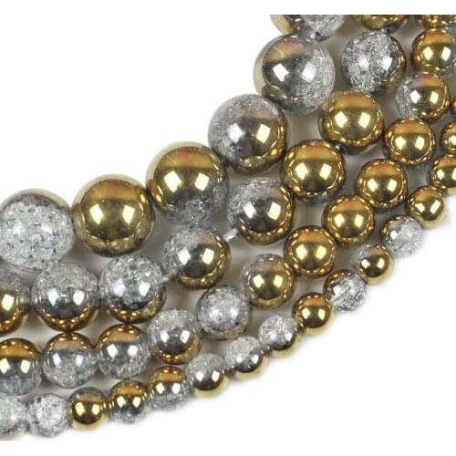 Natural Cracked Crystal Plated White Gold Stone Round Loose Spacer Beads For Jewelry Making DIY Bracelet 6/8/10/12mm Handmade