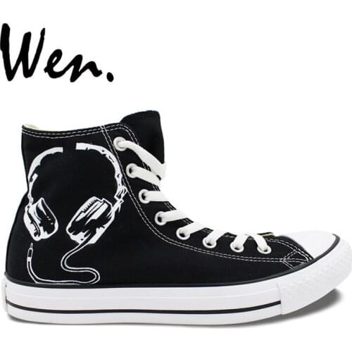 Wen Original Design Custom Black Hand Painted Shoes Earphones Men Womens High Top Canvas Sneakers for Gifts