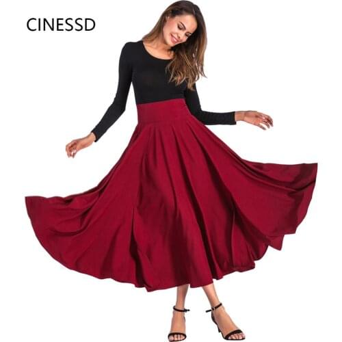 CINESSD Women Maxi Skirt High Waist A-Line Swing Office Lady Summer Autumn Fashion Solid Casual Party Bowknot Pleat Long Skirt