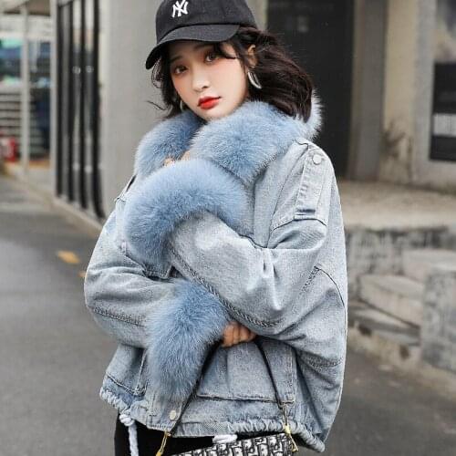 Women Denim Jacket Oversized Loose Fur Collar Plus Velvet Jean Jacket Women Winter Clothes Vintage Cotton Thick Warm Denim Coat