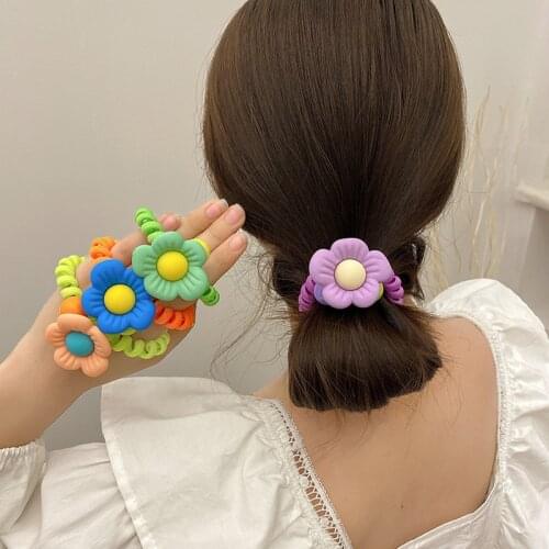 Women Korea Cute Fluorescent Hair Tie Girl Color Flower Telephone Line Hair Rope