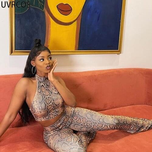UVRCOS Serpentine Print Two Piece Set Women Sexy Midnight Club Outfits Stand Neck Sleeveless Backless Tops+Micro Flared Trousers