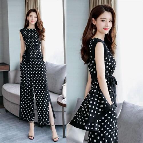 Summer ladies wide leg pants suit womens new temperament commute chiffon wave point sleeveless shirt loose nine pants two sets