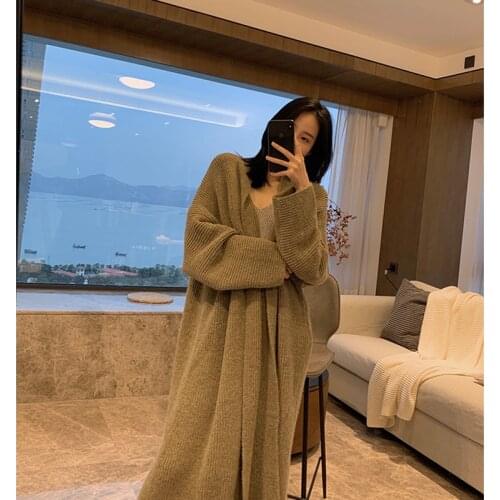 [ZAYAU]Khaki Big Size Long Knitting Cardigan Sweater Loose Fit V-Neck Long Sleeve Women New Fashion Autumn Winter 2021
