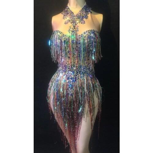 Colorful Fringes Rhinestones Bodysuit Women Stage Dance Costume Nightclub Dance Female Singer Show Bright Leotard