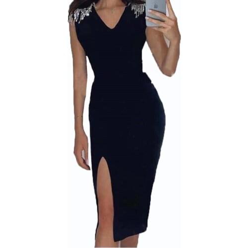 2021 Summer New Arrival Black Sleeveless Diamonds Beading Tassel Bodycon Bandage Dress Elegant Club Party Dress Vestidos