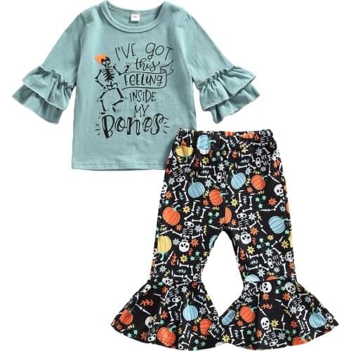 2021 My First Halloween Set T-shirt and Trousers Suit Fashion Letter Long Sleeve Tops and Skeleton Print Trumpet Pants