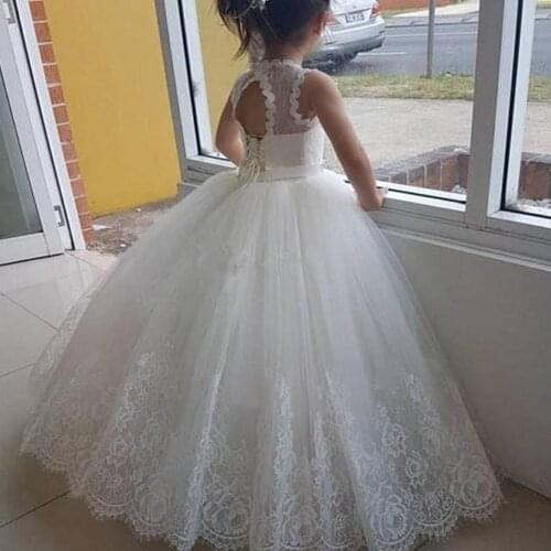 White Sleeveless Flower Girl Dresses Fluffy Tulle Beaded Belt for Little Girl Birthday Prom First Holy Communion Party Dresses