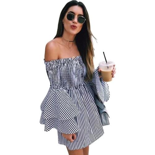 Europe And America Fashion Summer A- line Shoulder Bell Sleeve Dress Shirt Dress Sexy Dress Party Dress Women Dress