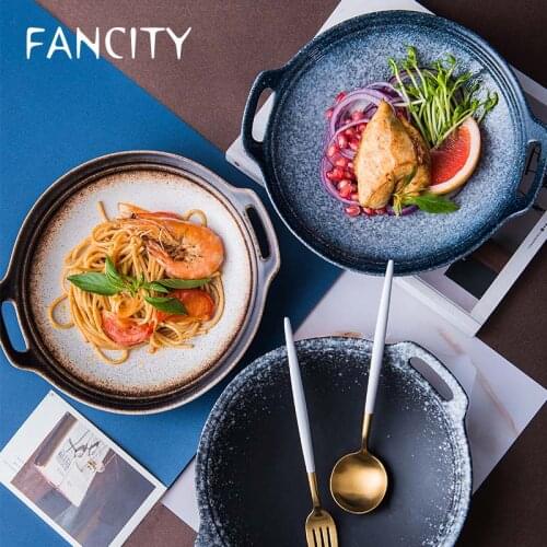 FANCITY Japanese style pasta plate ceramic creative double ear plate household dish tableware fruit salad plate large plate dinn