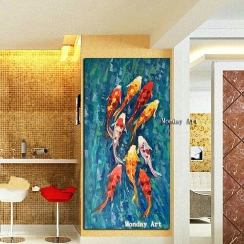 High quality 100% Hand painted Landscape Oil Painting Nine Koi Fish painting Wall Canvas goldfish Picture for home decoration