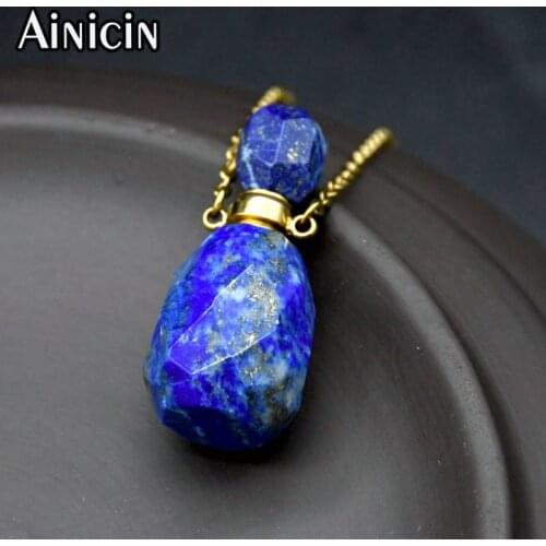 Grade AAA Navy Blue Color Fine Cutting Perfume Bottle Gemstone Stone Pendants Gold Plating Stainless Steel Chain Necklace
