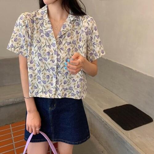 Summer beach style oil painting floral retro turn-down collar buttoned slim short-sleeved shirt