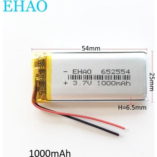 EHAO 652554 3.7V 1000mAh Lithium Polymer LiPo Rechargeable Battery For Mp3 PAD DVD E-book bluetooth headset