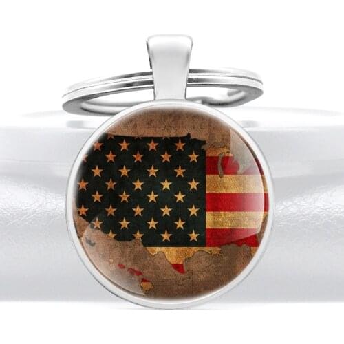 American Map Flag Glass Dome Metal Key Chain Charm Men Women Key Ring Jewelry Gifts Keychains