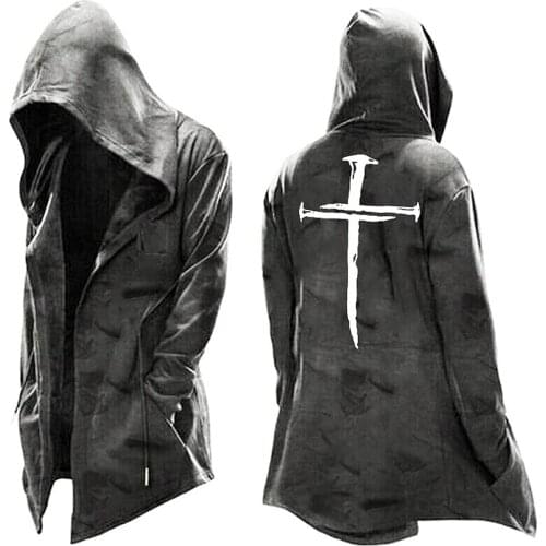 Gothic Punk Jackets Men Cross Creed Mens Hooded Pullover Jacket Cosplay Coat Drawstring Long Hoodie Vintage
