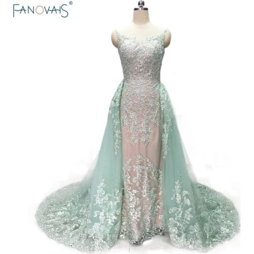 Real Made Mint Evening Dresses Long Train Removable Mermaid Evening Party Dress Lace Luxury Beaded Tulle Vestido de Fiesta IDE2