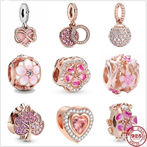 New 925 Sterling Silver Sparkling Freehand Heart petal Bead Charms Rose Gold Fit Pandora charm Bracelets Women DIY Jewelry