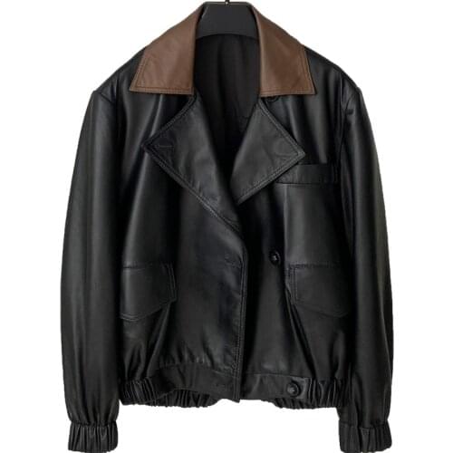 Autumn 2021 New Leather Leather Jacket Women Tooling Short Hit Color Leather Jacket Sheep Leather Motorcycle Casual Jacket