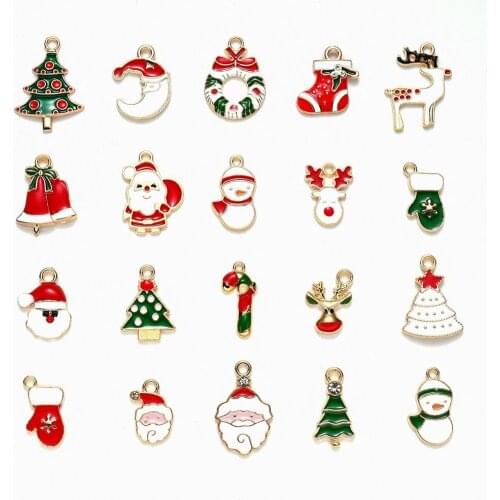 20pcs Christmas Brooches Tree Bells Socks Santa Claus Hat Elk Snowman Metal Enamel Badge Necklace pendant Cute Xmas Gift Jewelry